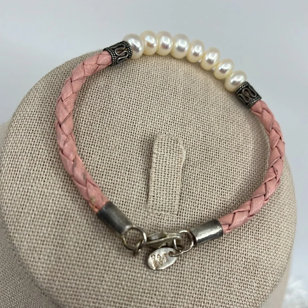 🌸 Vintage Honora Pink Leather & Pearl Bracelet - 7.25" Lobster Clasp - Picture 6 of 9